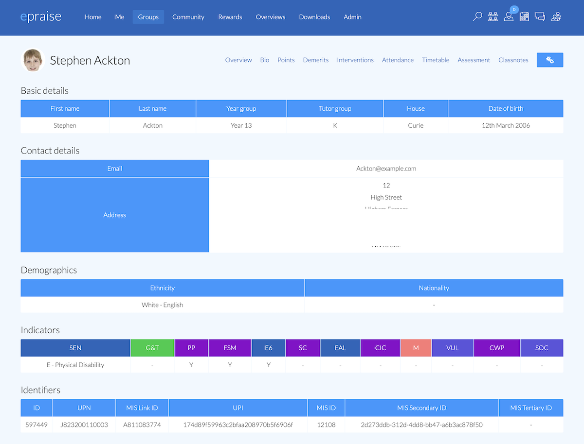 Epraise student details page